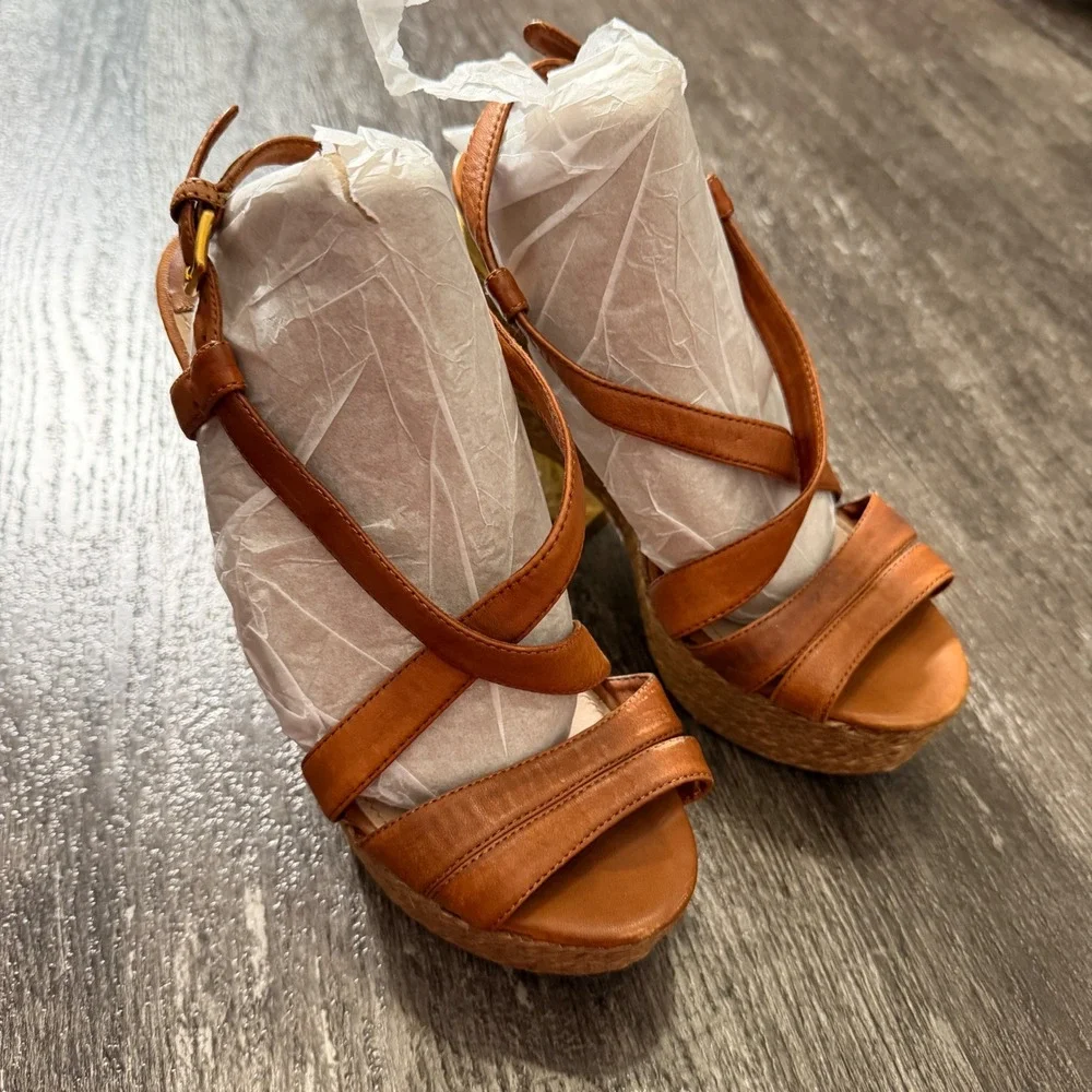 Miu Miu Brown Leather Espadrille Wedge Sandals Gold Accent Heel 34.5 EU / 4.5 US